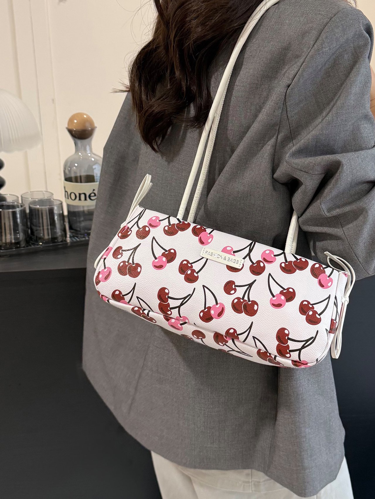 White Cherry Print Shoulder Bag