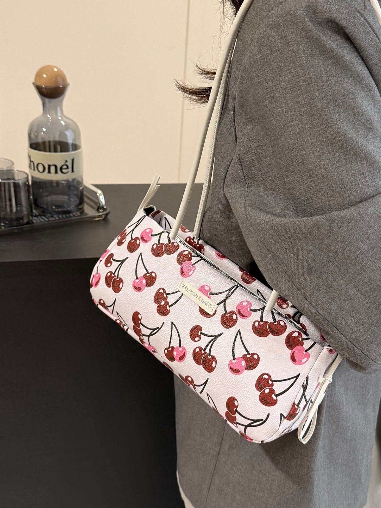 White Cherry Print Shoulder Bag