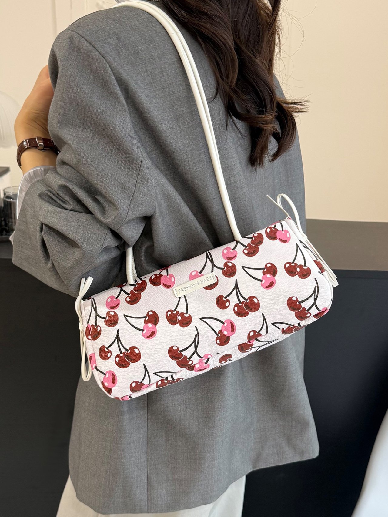 White Cherry Print Shoulder Bag