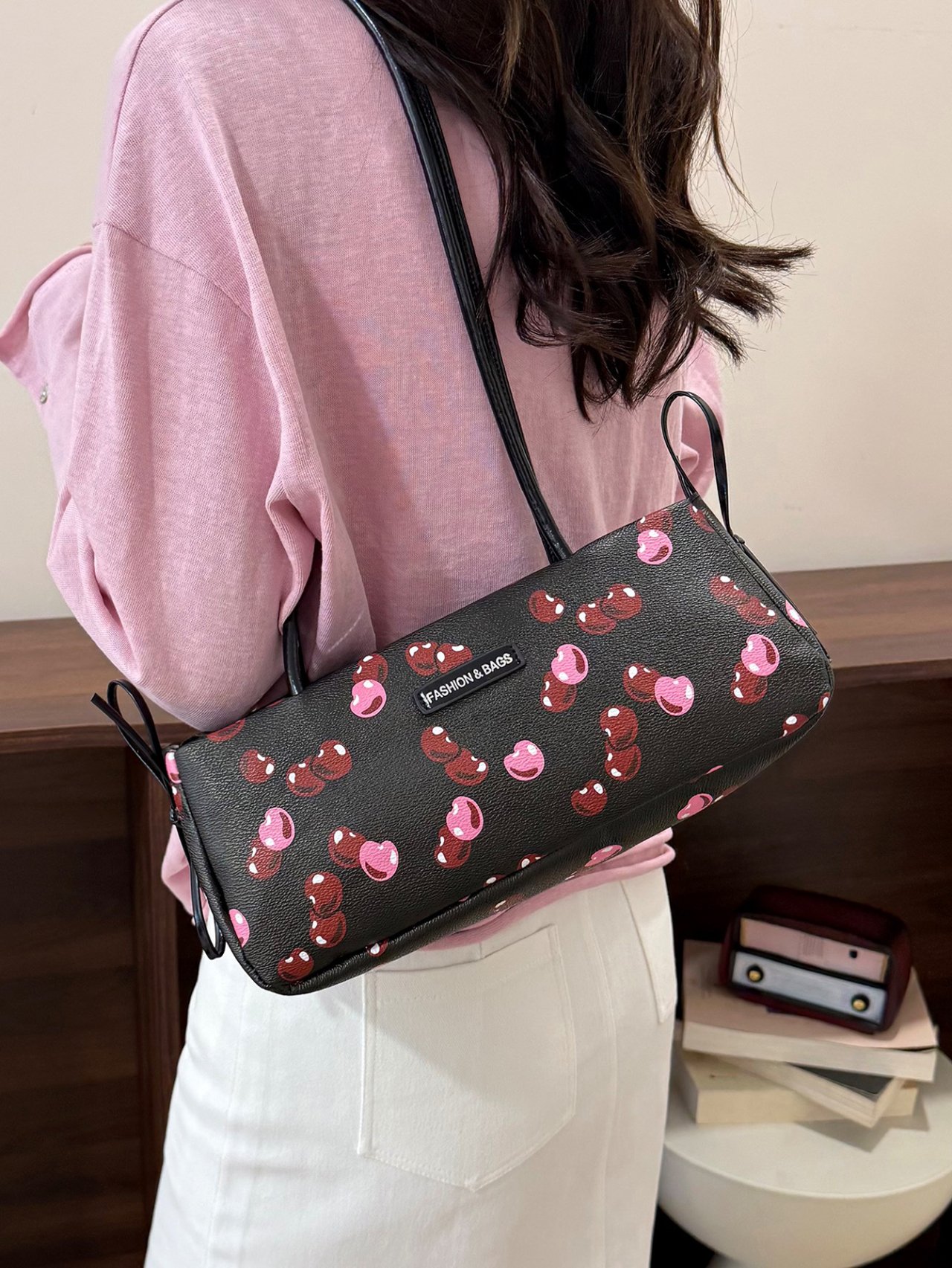  Black Cherry Print Shoulder Bag