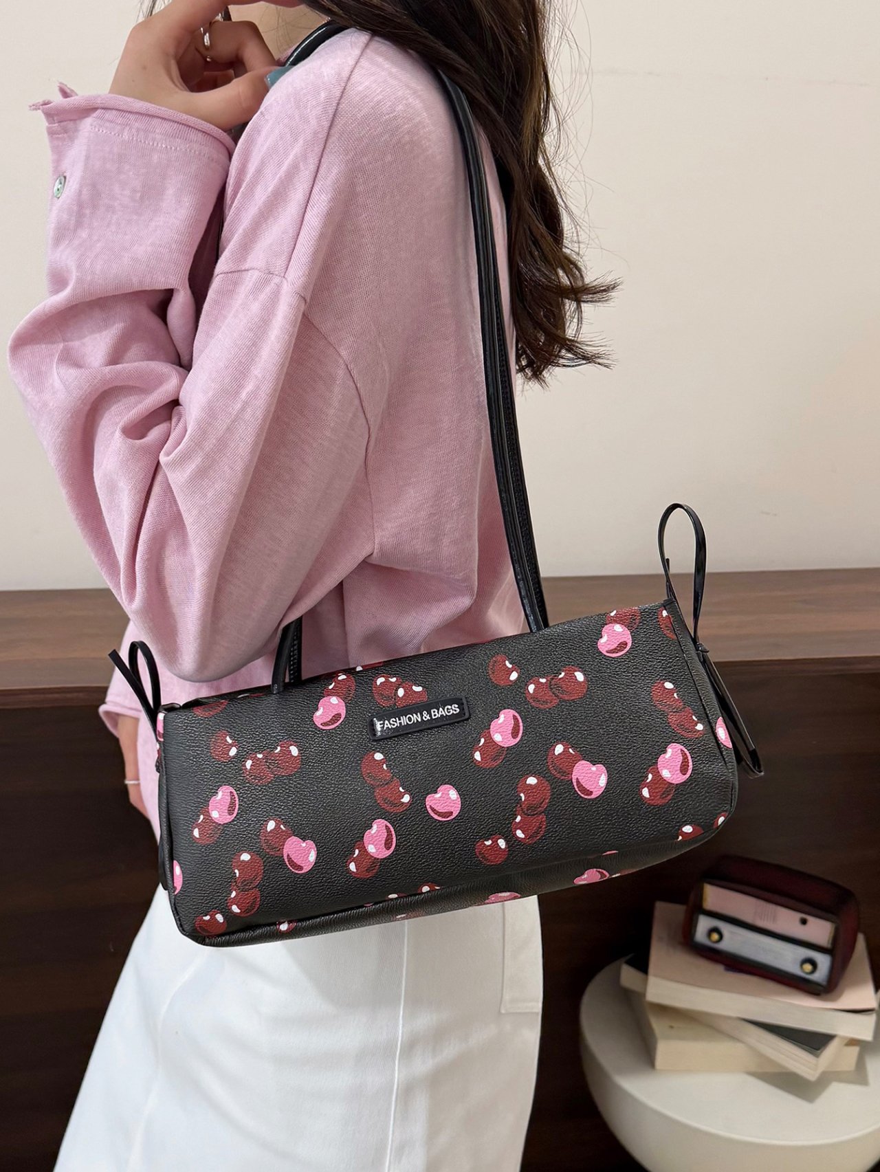  Black Cherry Print Shoulder Bag