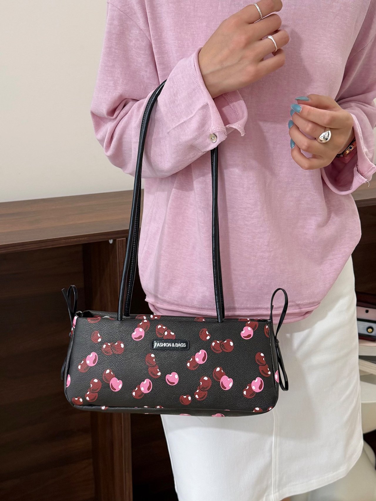  Black Cherry Print Shoulder Bag
