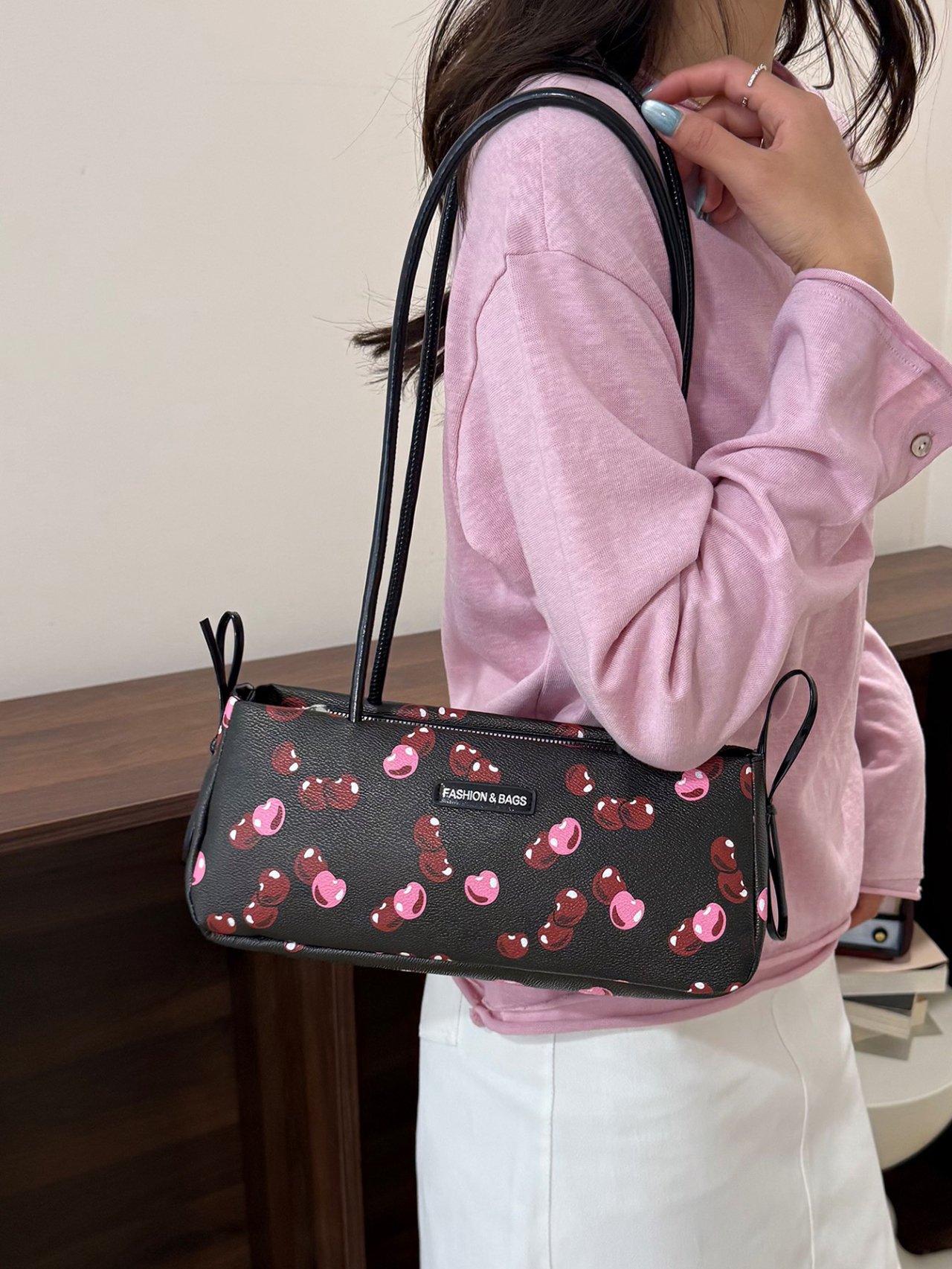  Black Cherry Print Shoulder Bag