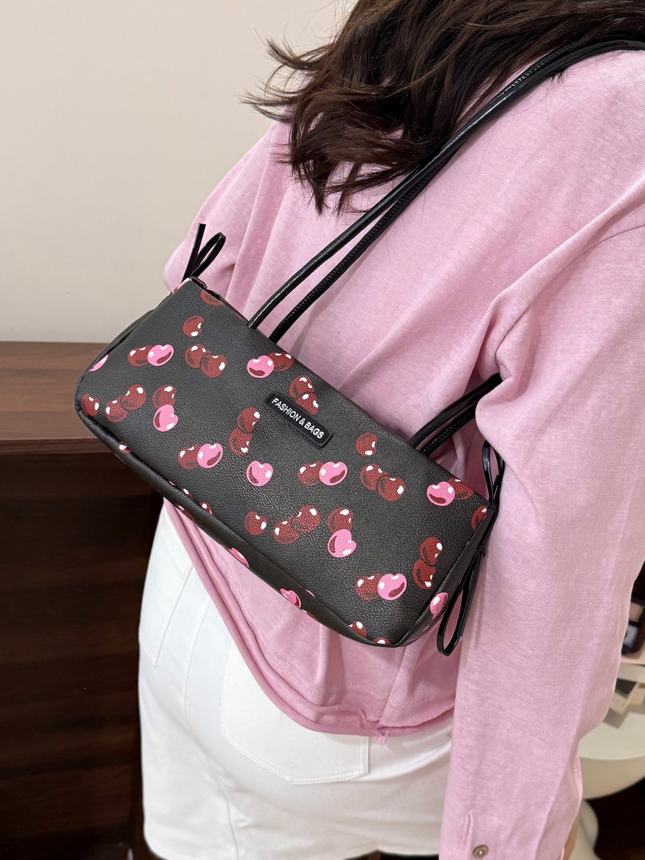  Black Cherry Print Shoulder Bag
