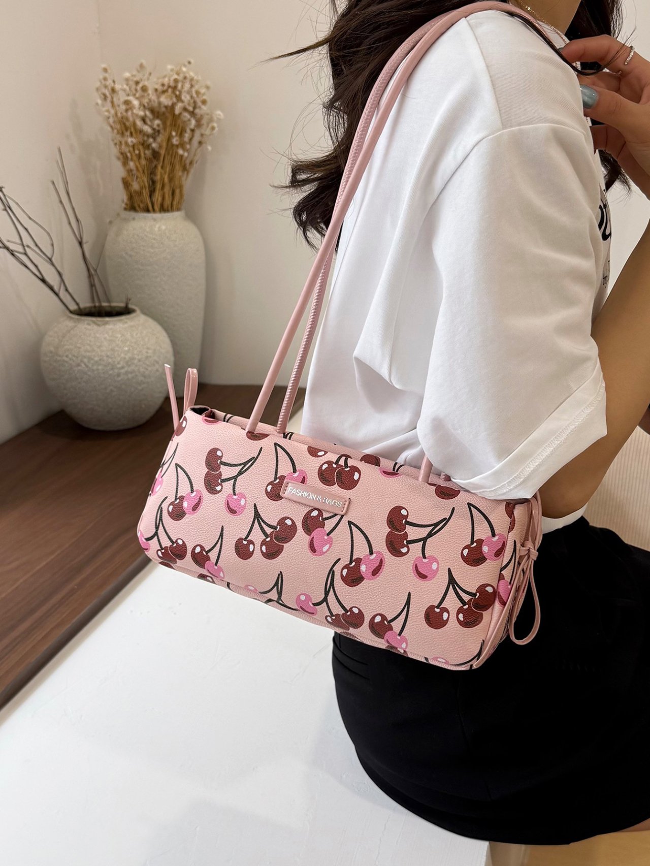  Pink Cherry Print Shoulder Bag
