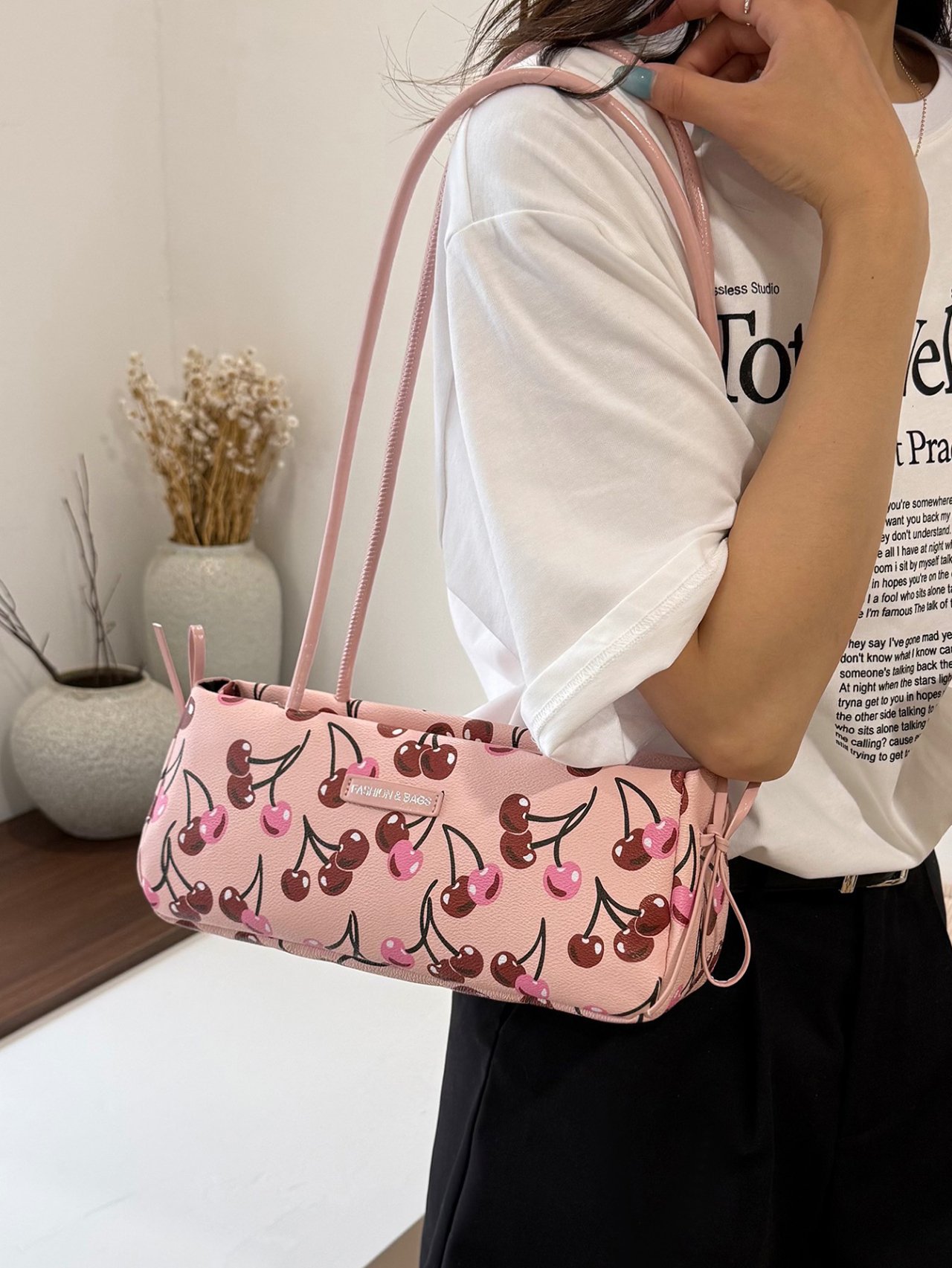  Pink Cherry Print Shoulder Bag