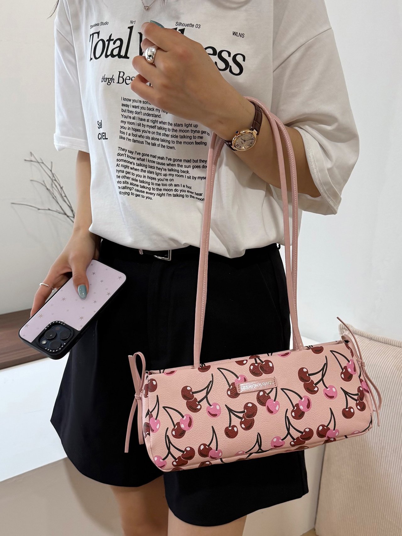  Pink Cherry Print Shoulder Bag