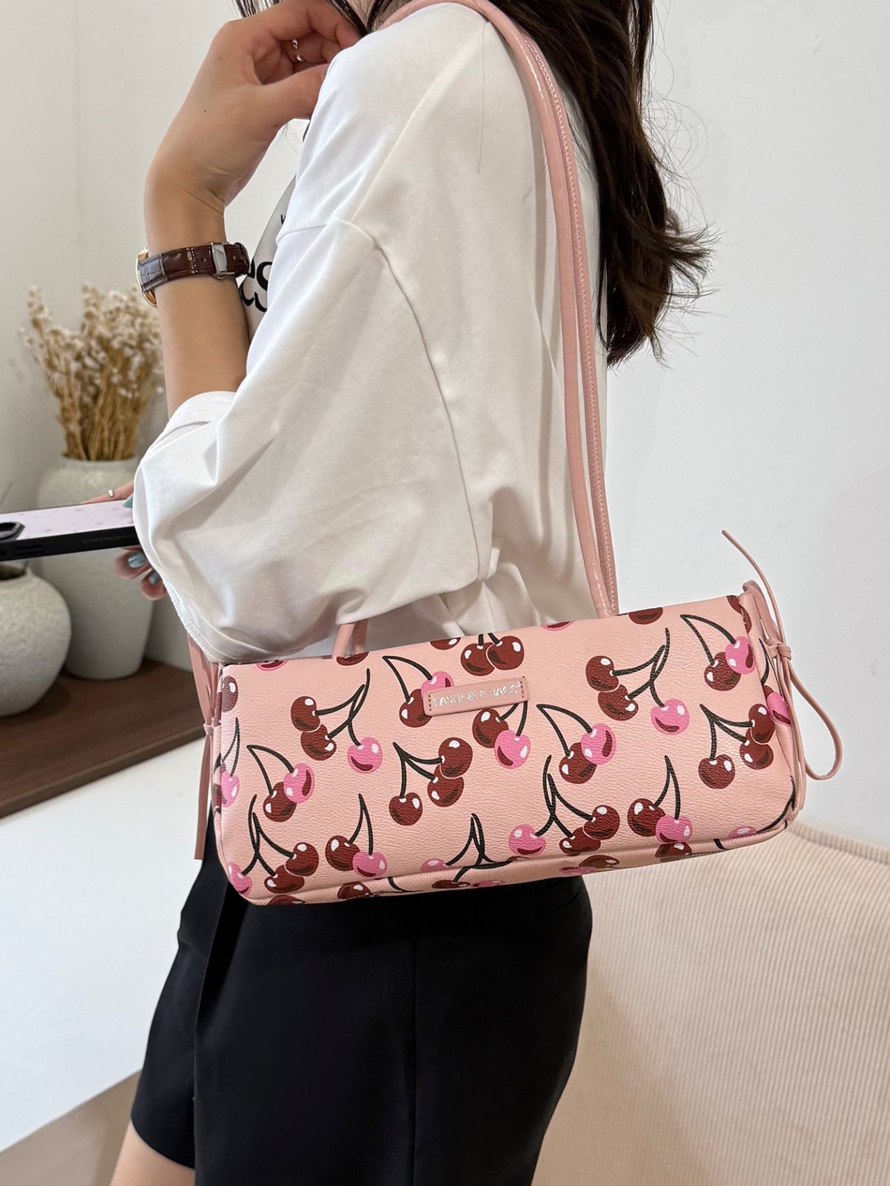  Pink Cherry Print Shoulder Bag