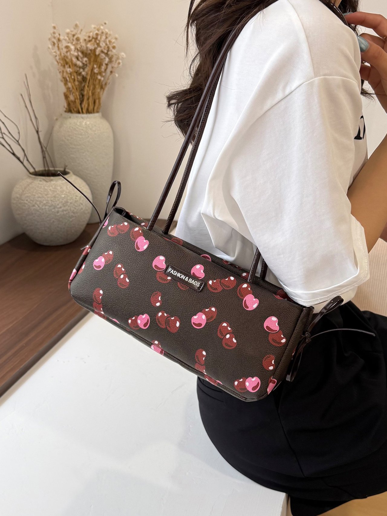 Coffee Brown Cherry Print Shoulder Bag 