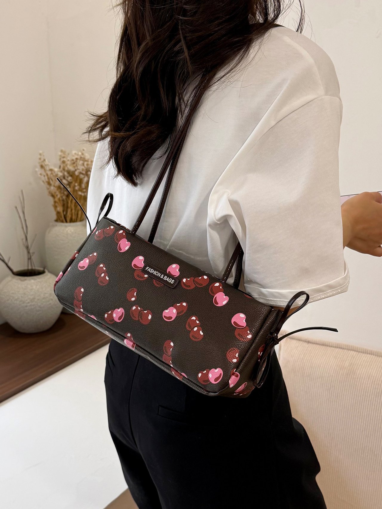 Coffee Brown Cherry Print Shoulder Bag 