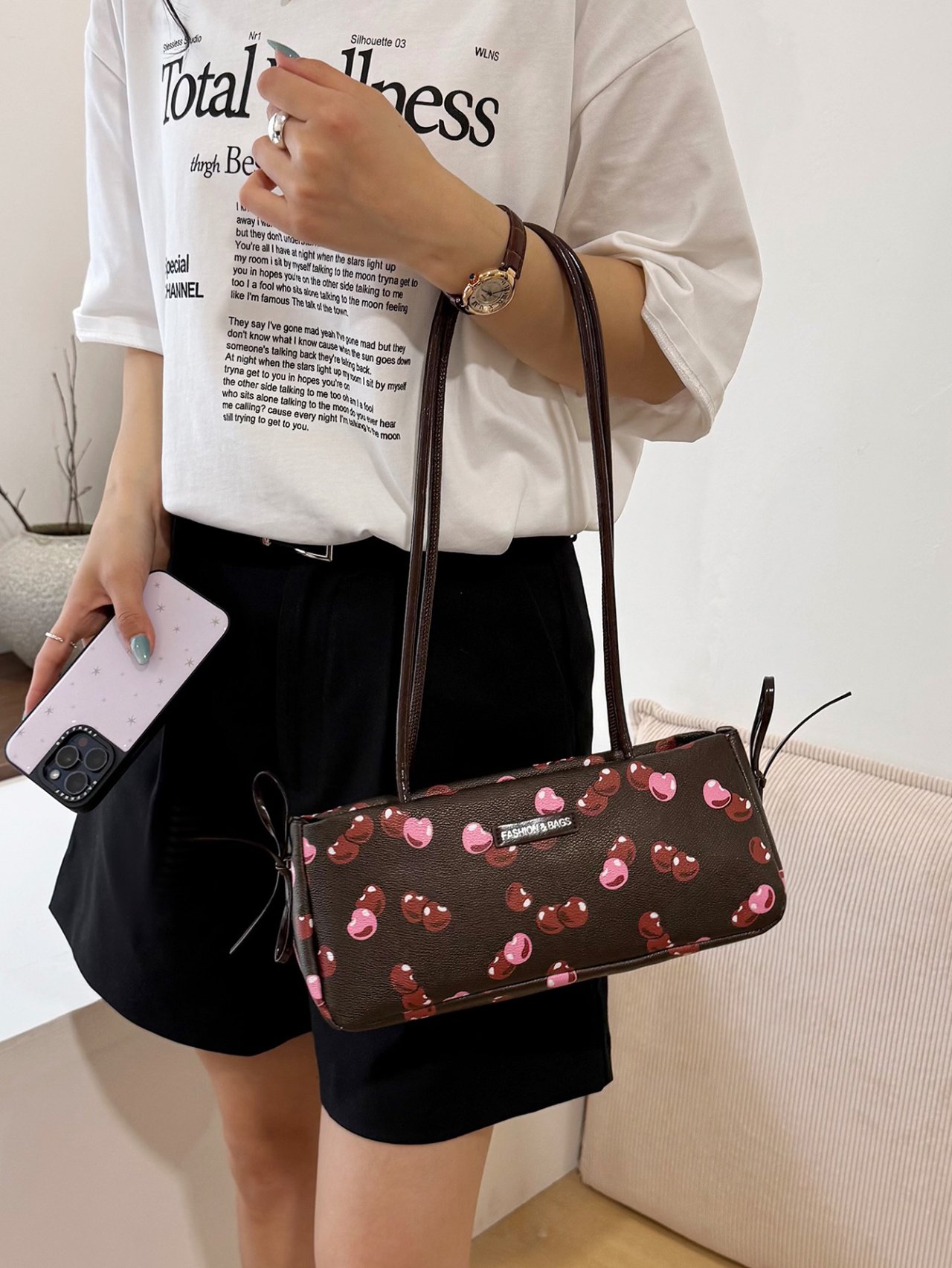 Coffee Brown Cherry Print Shoulder Bag 
