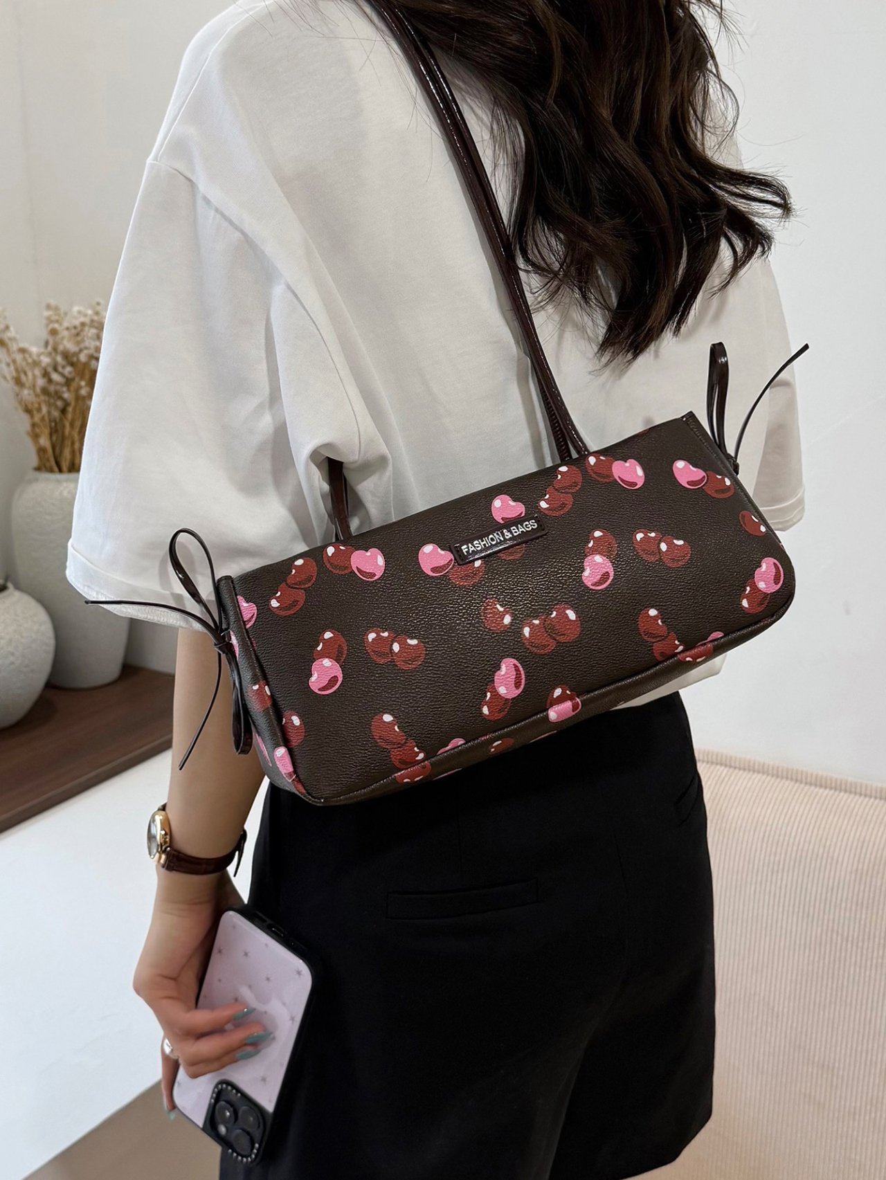 Coffee Brown Cherry Print Shoulder Bag 