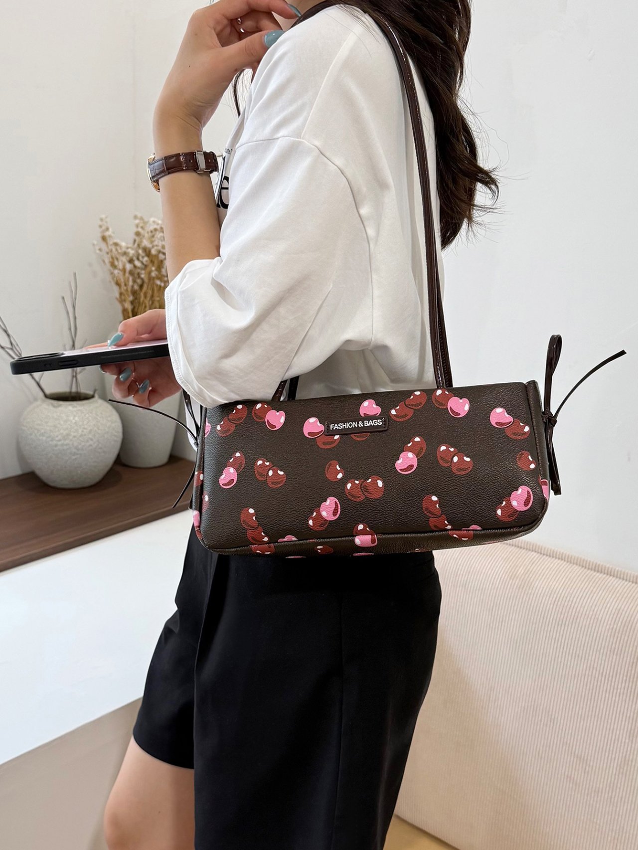 Coffee Brown Cherry Print Shoulder Bag 