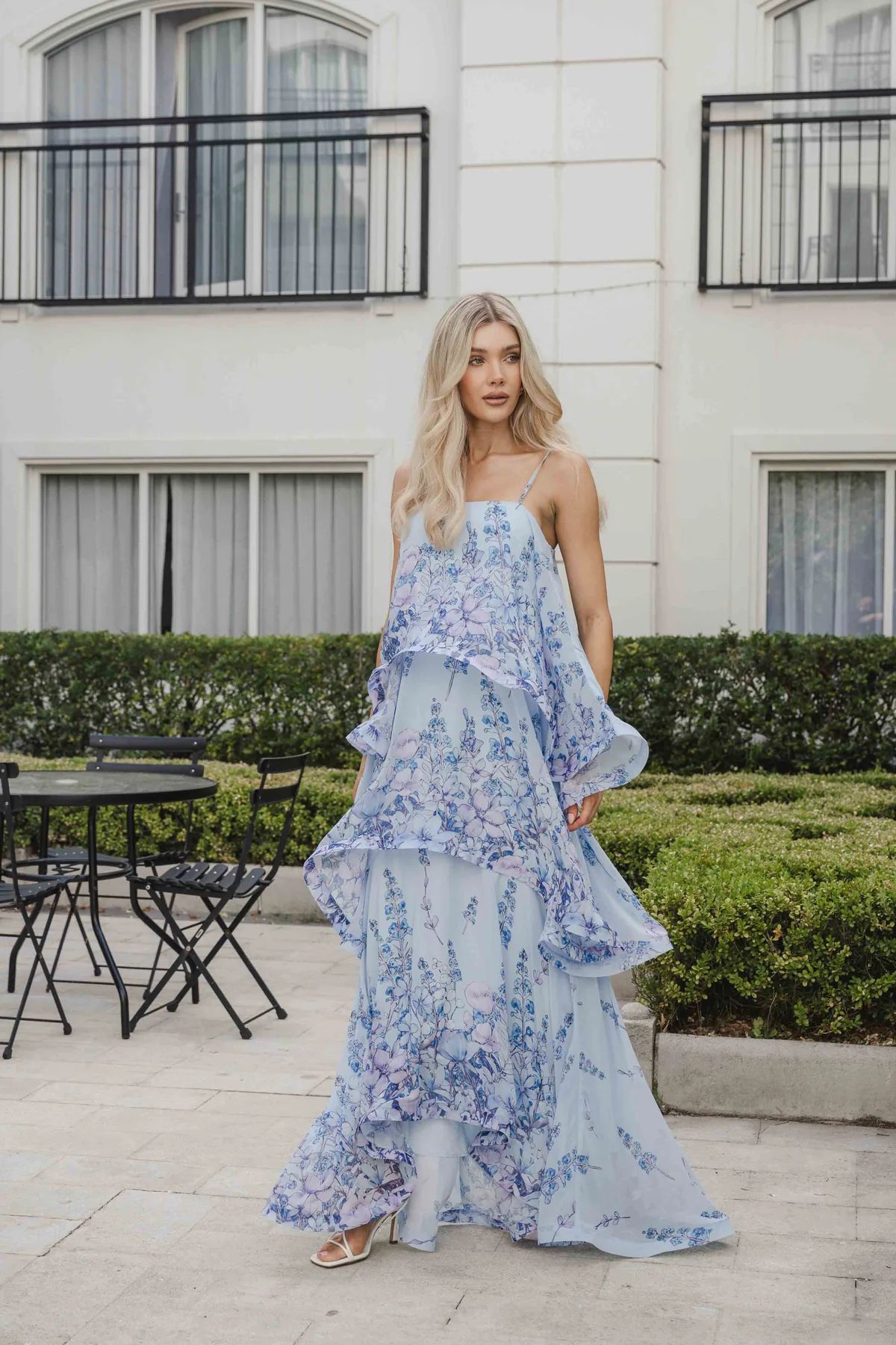 Light Blue Floral Sleeveless Tiered Maxi Dress