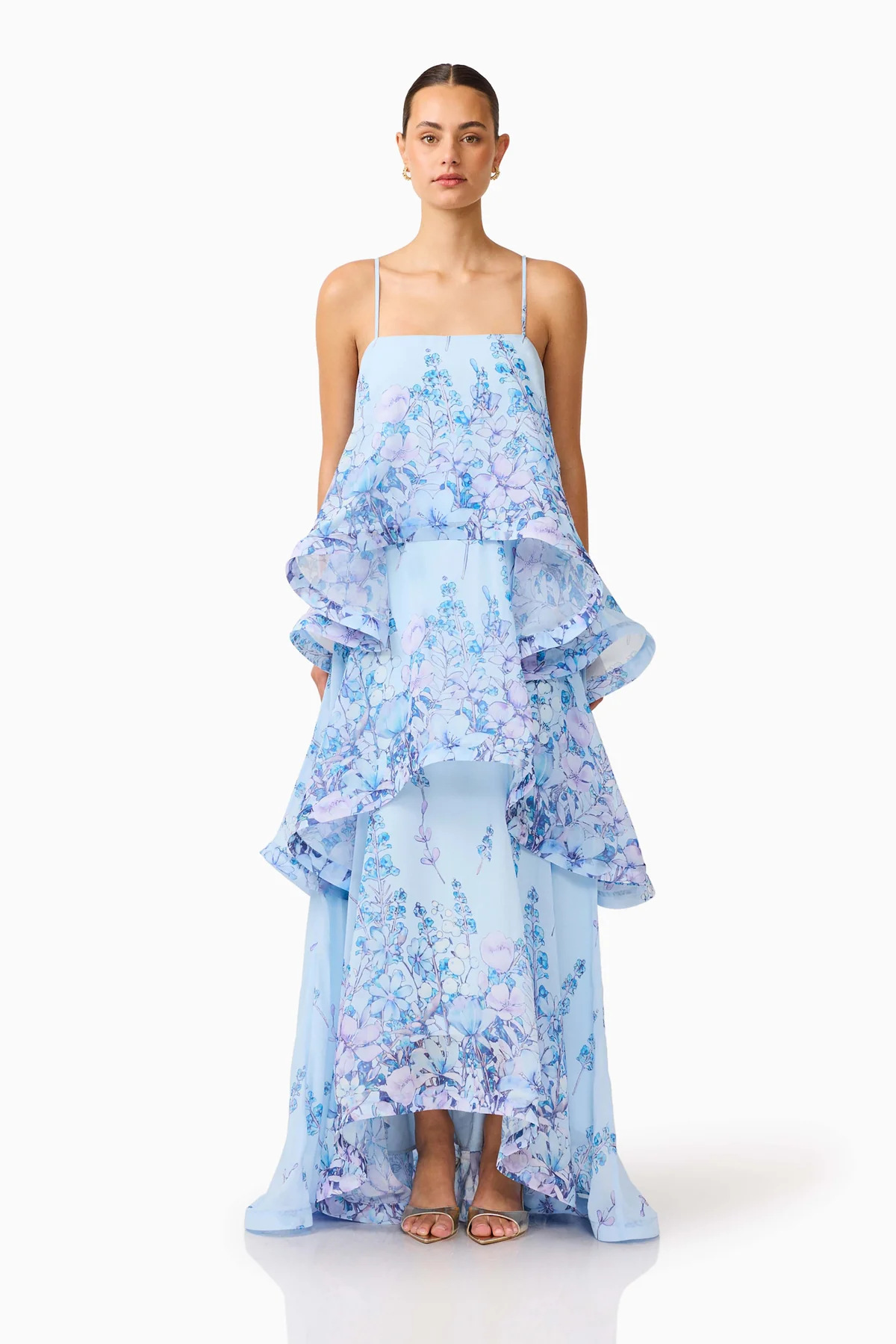 Light Blue Floral Sleeveless Tiered Maxi Dress