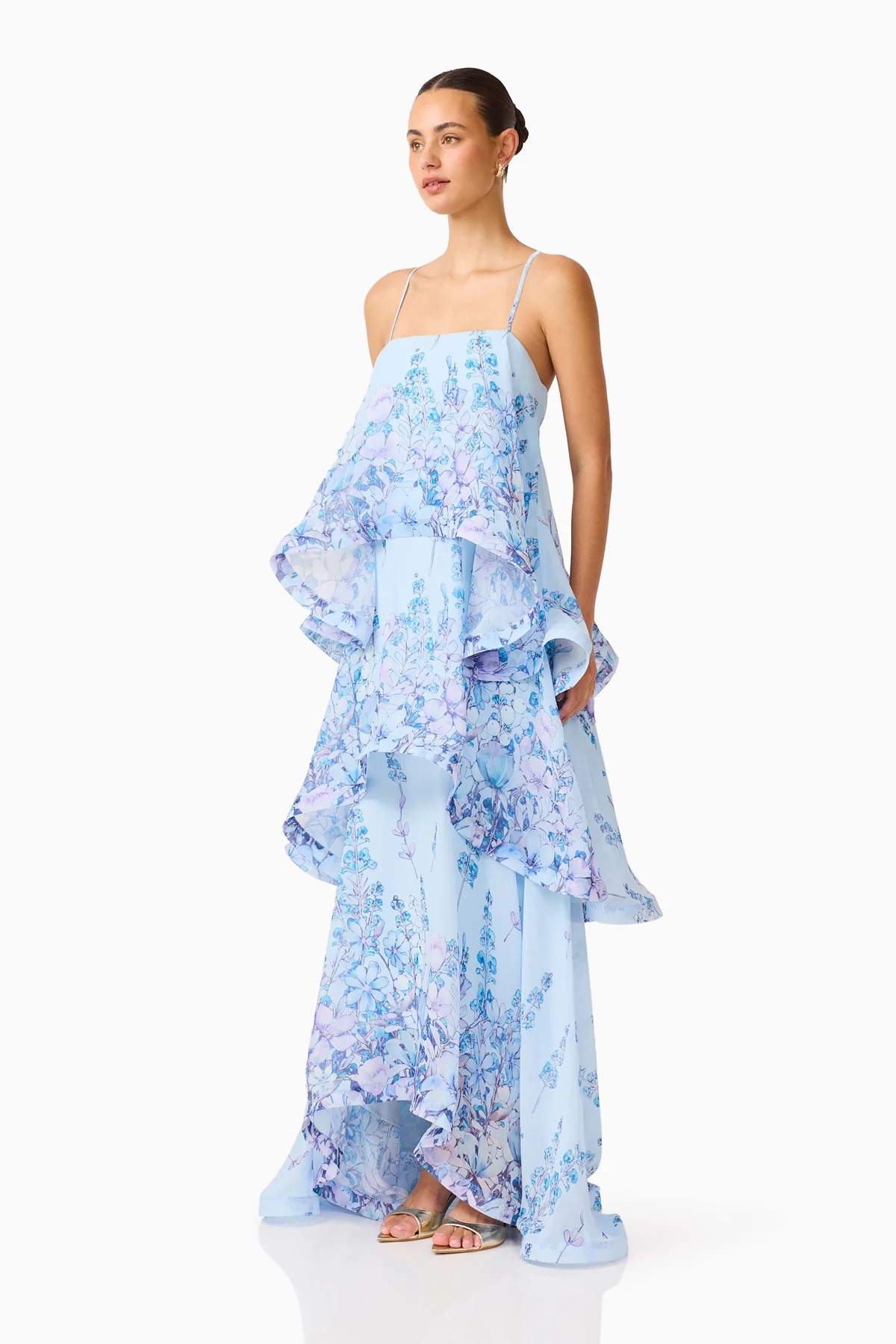 Light Blue Floral Sleeveless Tiered Maxi Dress