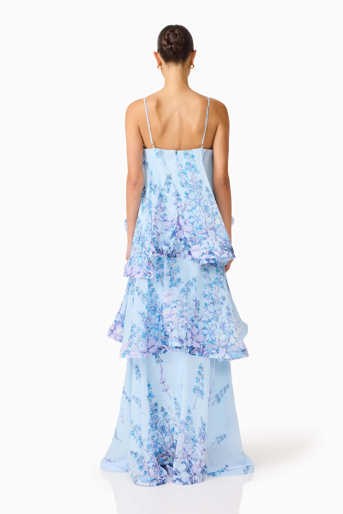 Light Blue Floral Sleeveless Tiered Maxi Dress