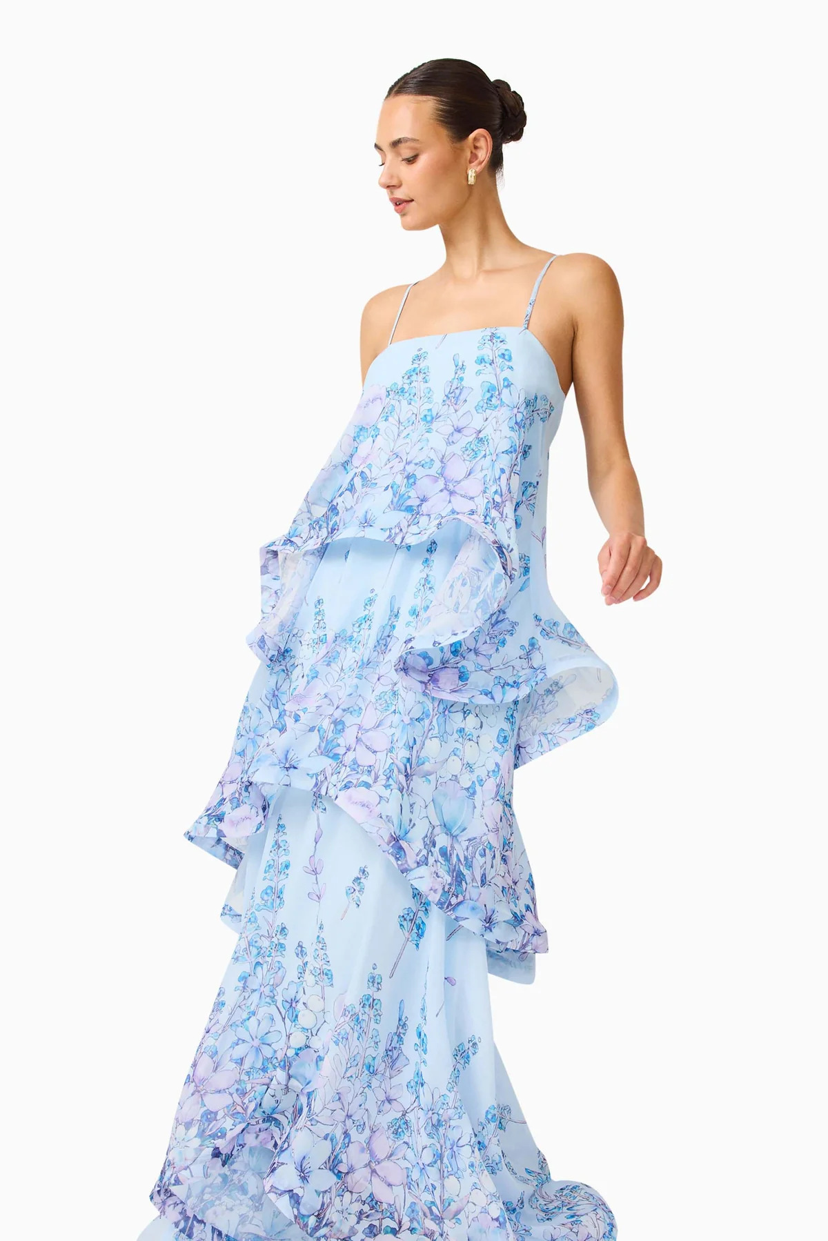 Light Blue Floral Sleeveless Tiered Maxi Dress