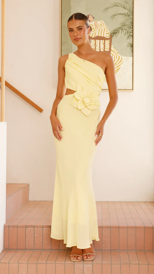 Yellow Sheath Sleeveless Maxi Dress with Floral Detail