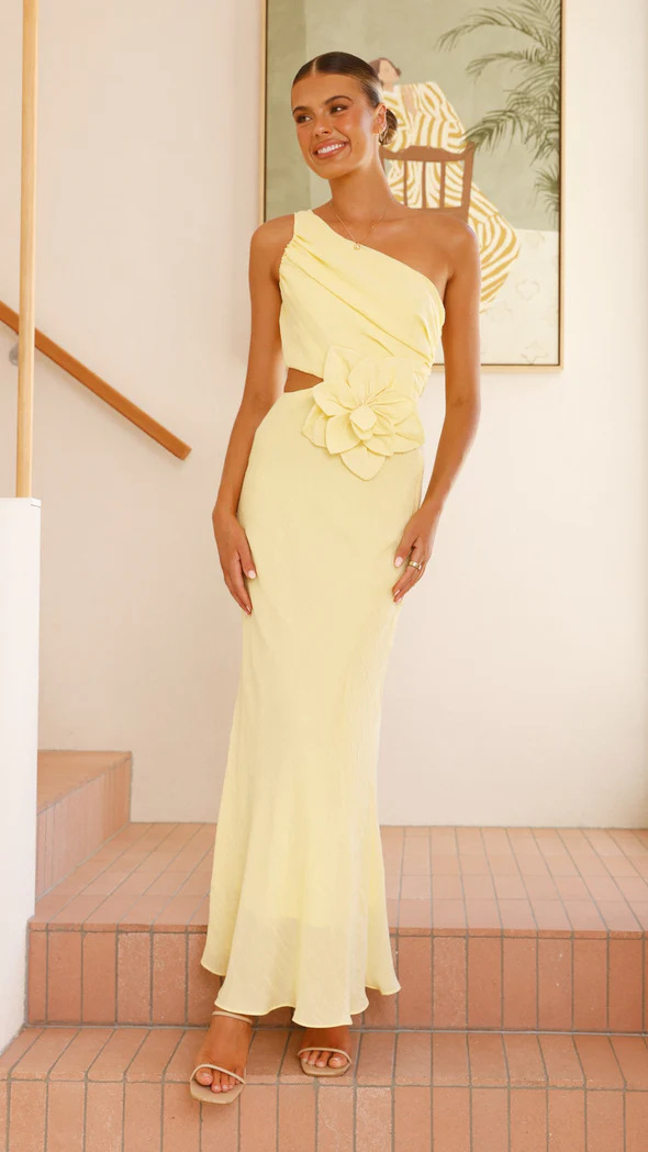 Yellow Sheath Sleeveless Maxi Dress with Floral Detail