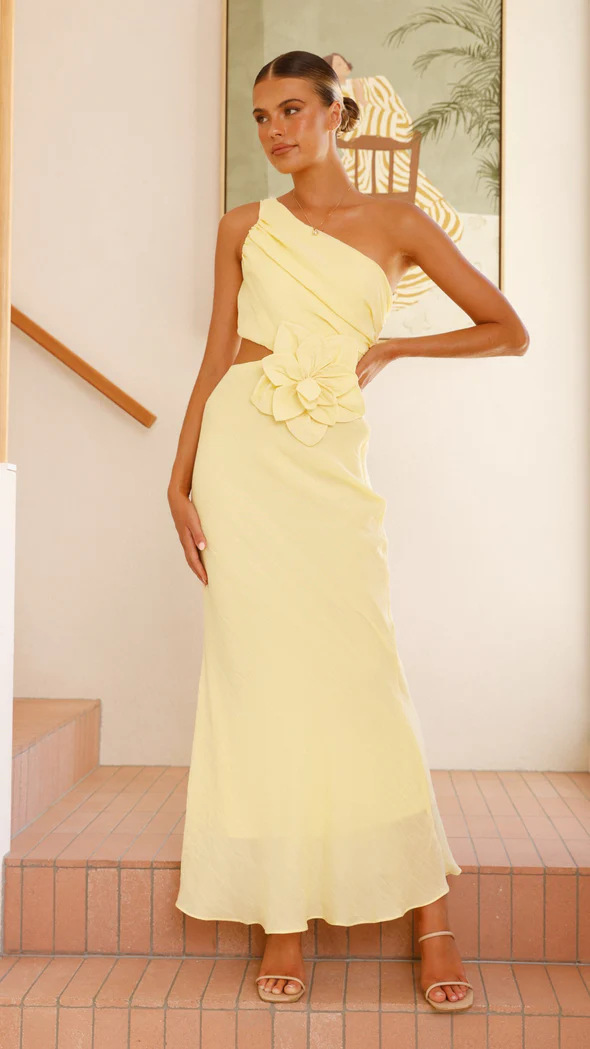 Yellow Sheath Sleeveless Maxi Dress with Floral Detail