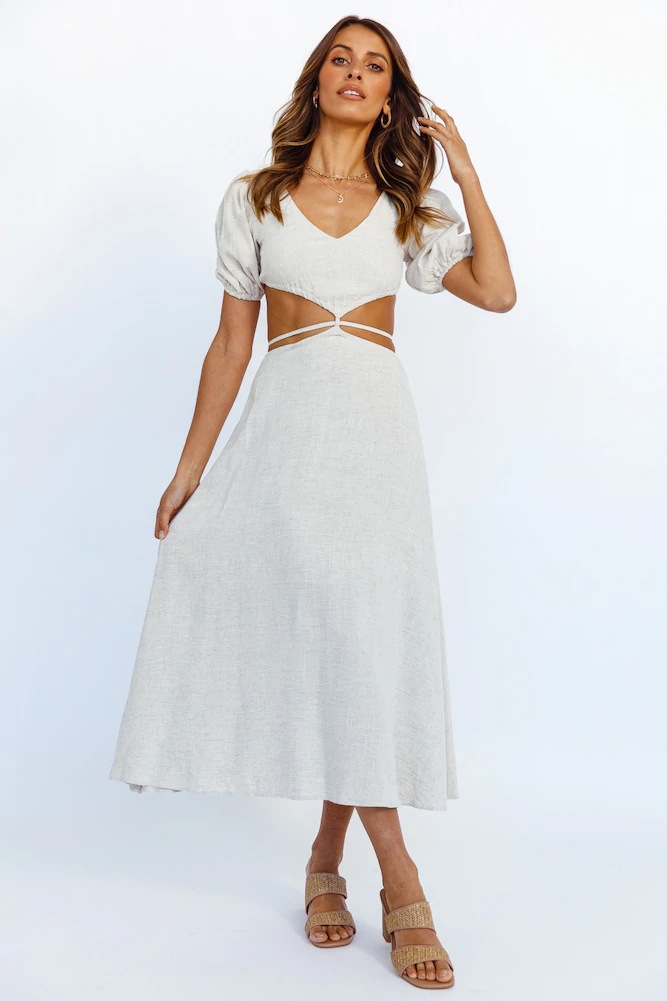 Off-White A-Line Midi Dress with Cut-Out Waist and Short Sleeves