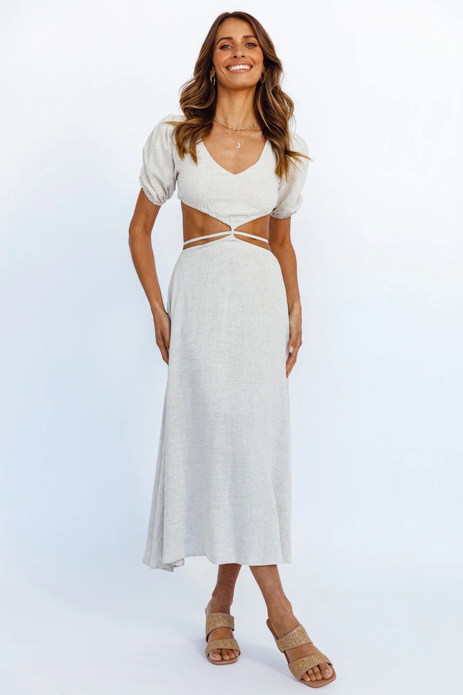 Off-White A-Line Midi Dress with Cut-Out Waist and Short Sleeves