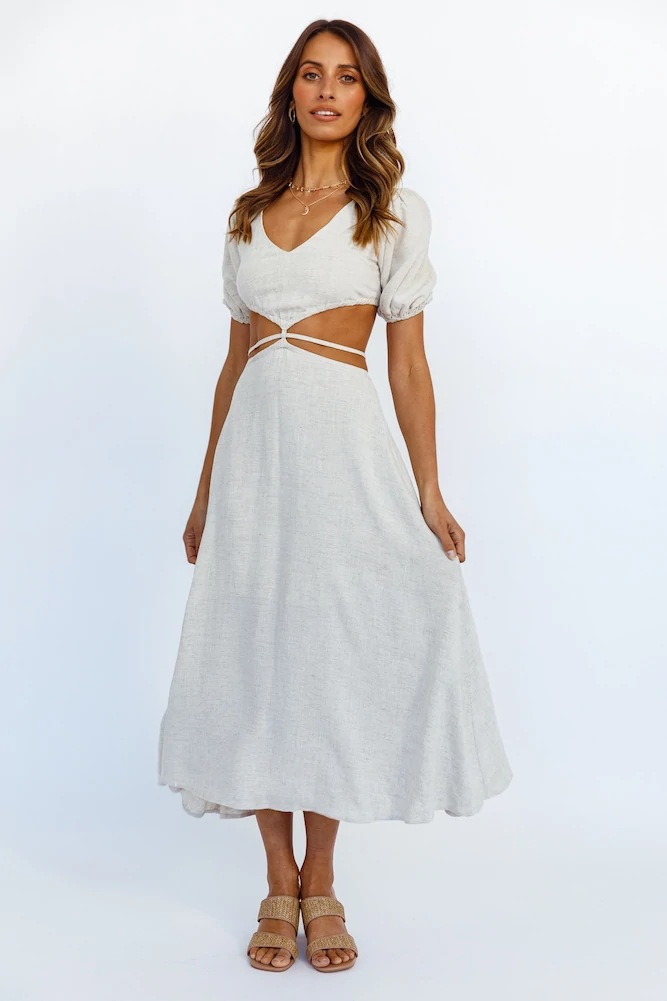 Off-White A-Line Midi Dress with Cut-Out Waist and Short Sleeves