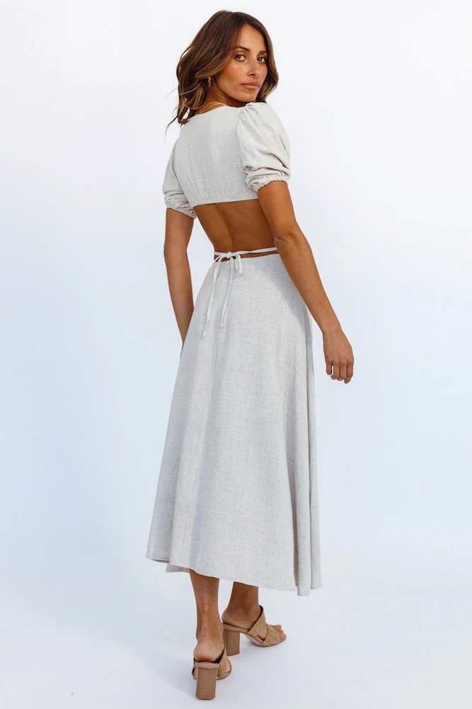 Off-White A-Line Midi Dress with Cut-Out Waist and Short Sleeves