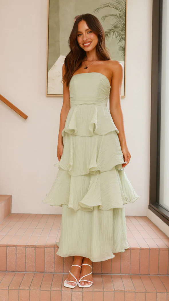 Green Tiered Strapless Maxi Dress