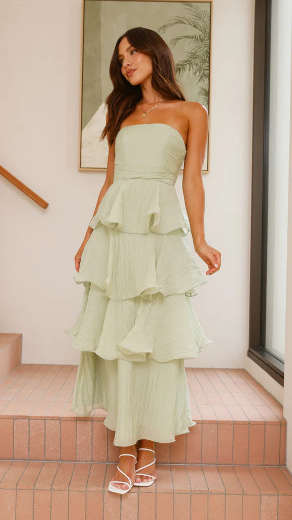 Green Tiered Strapless Maxi Dress