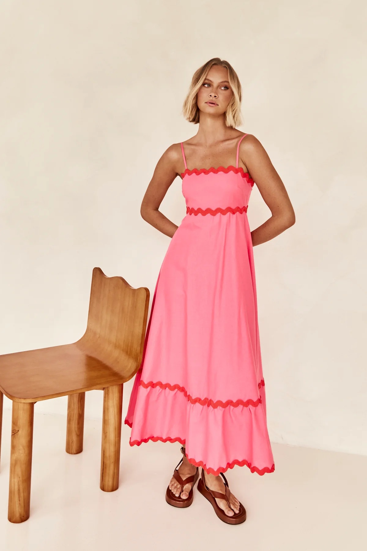Pink A-Line Ankle-Length Strapless Dress with Scalloped Trim