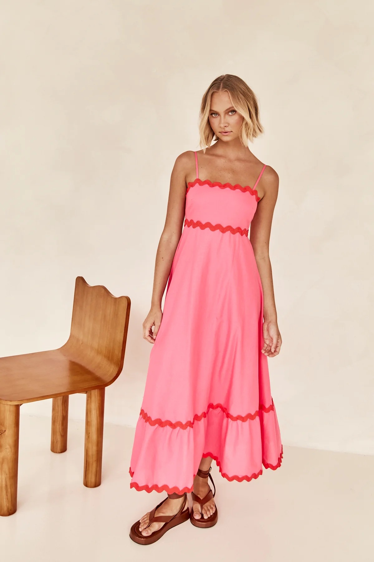 Pink A-Line Ankle-Length Strapless Dress with Scalloped Trim