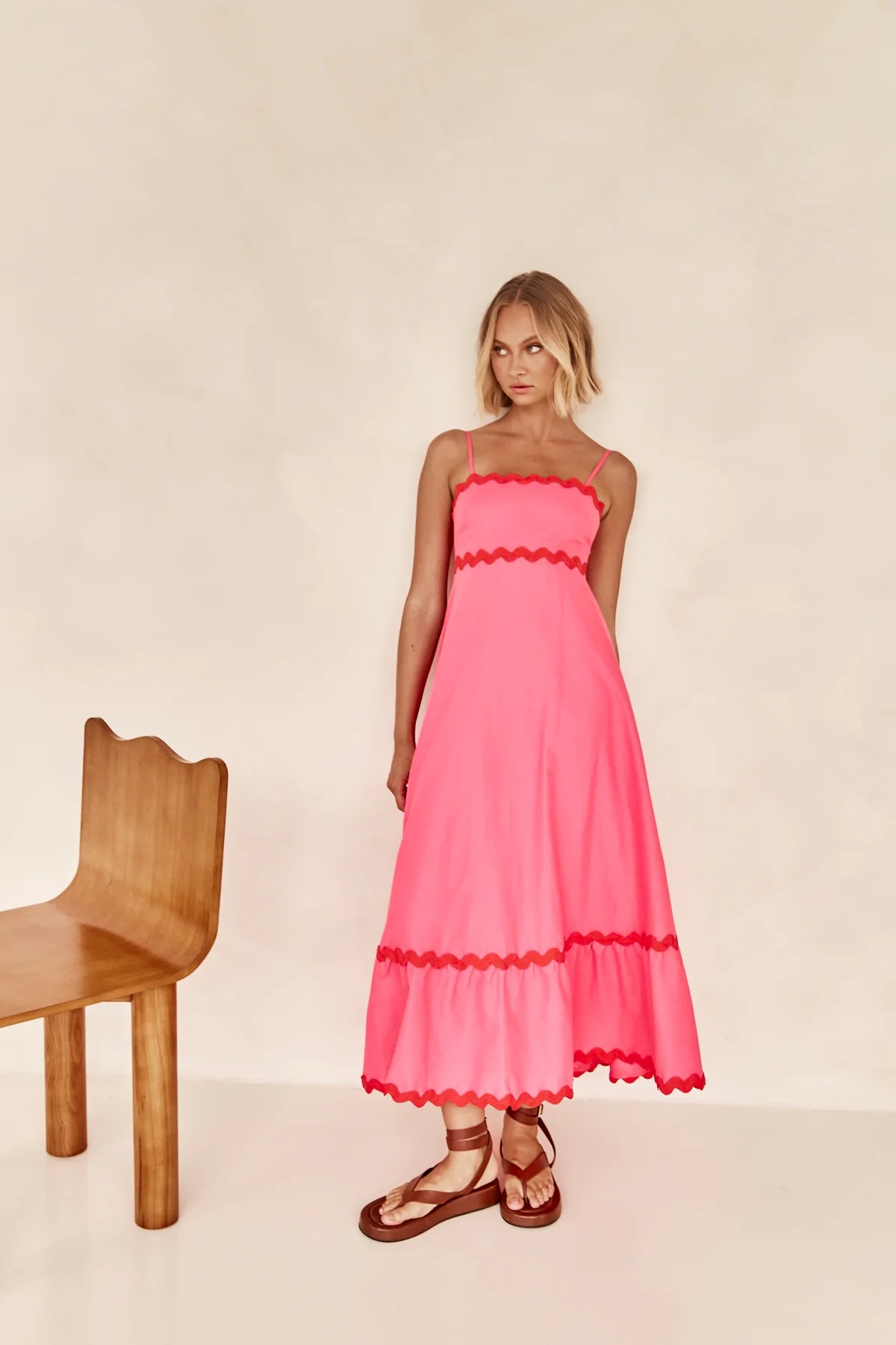 Pink A-Line Ankle-Length Strapless Dress with Scalloped Trim
