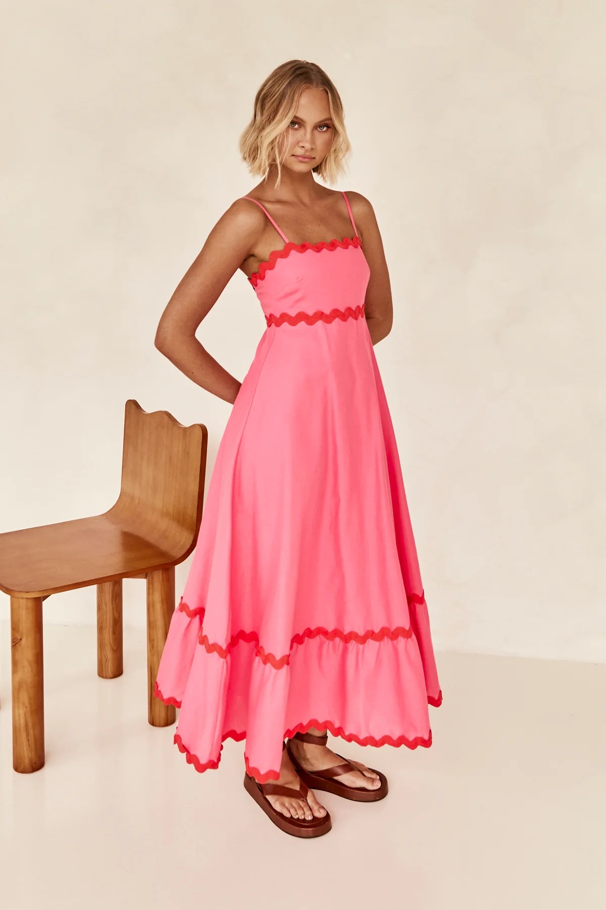 Pink A-Line Ankle-Length Strapless Dress with Scalloped Trim