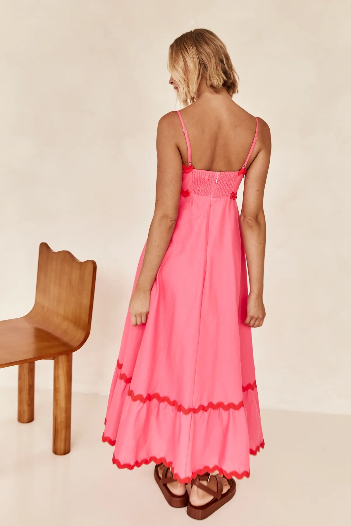 Pink A-Line Ankle-Length Strapless Dress with Scalloped Trim