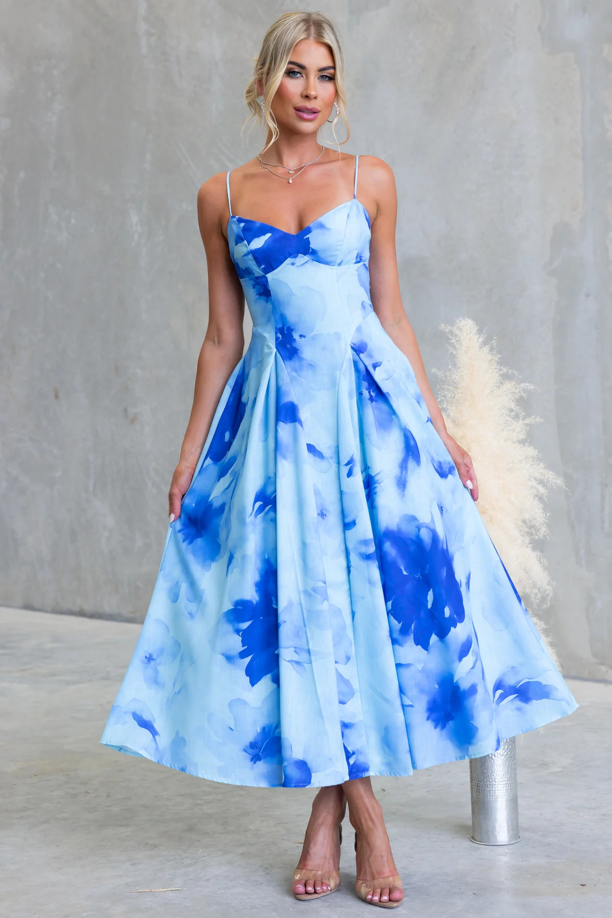 Blue Abstract A-Line Ankle Length Strapless Dress
