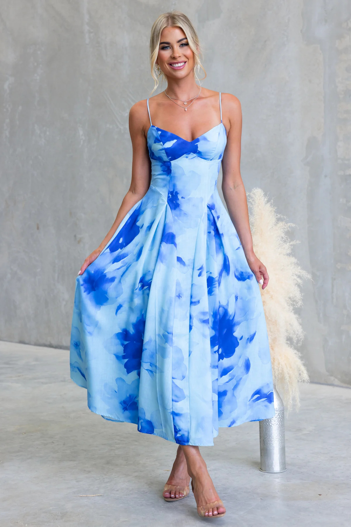 Blue Abstract A-Line Ankle Length Strapless Dress