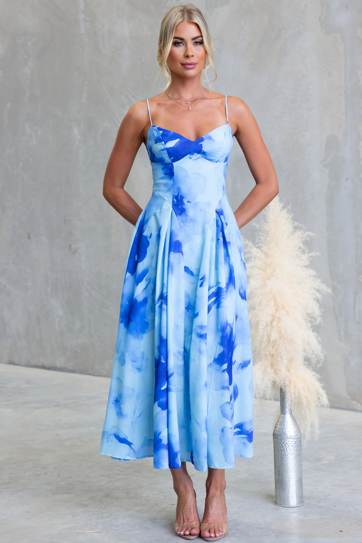 Blue Abstract A-Line Ankle Length Strapless Dress