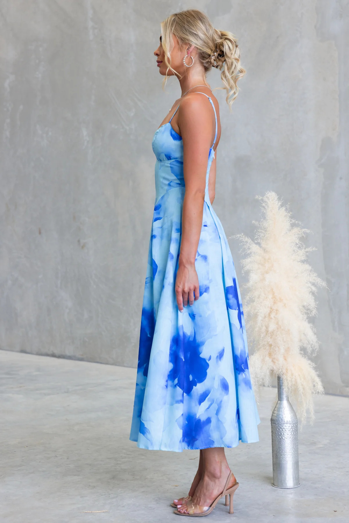 Blue Abstract A-Line Ankle Length Strapless Dress