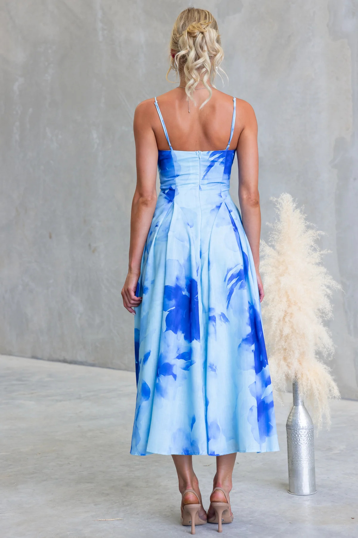 Blue Abstract A-Line Ankle Length Strapless Dress