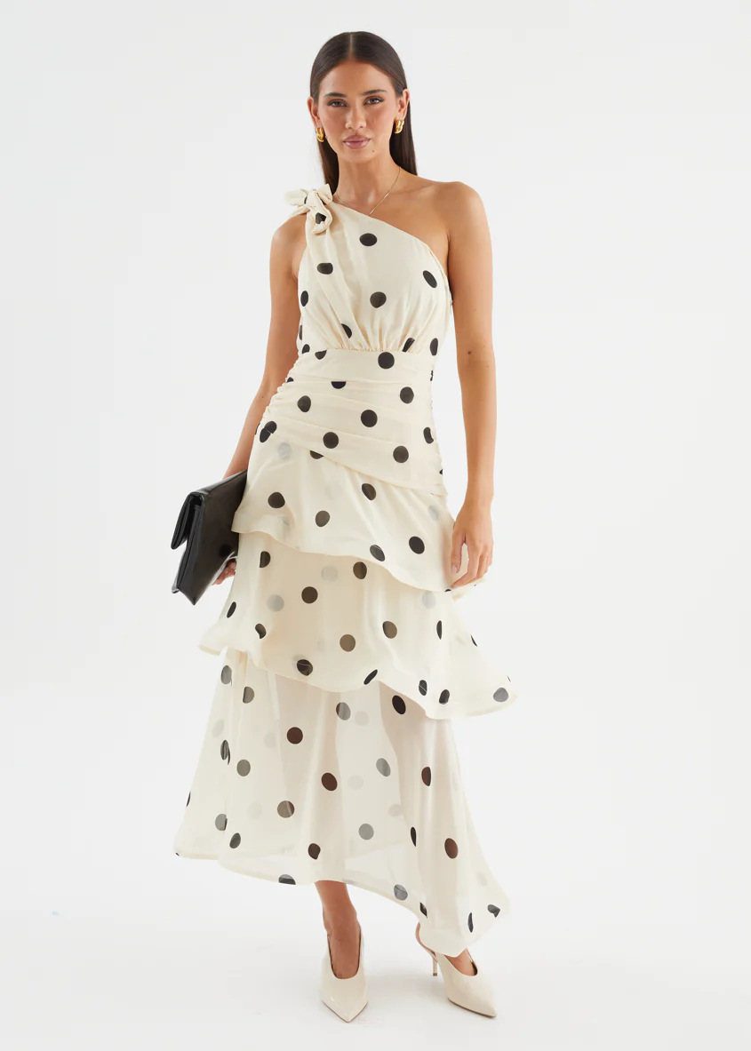 Beige Polka Dot One-Shoulder Tiered Ankle-Length Dress