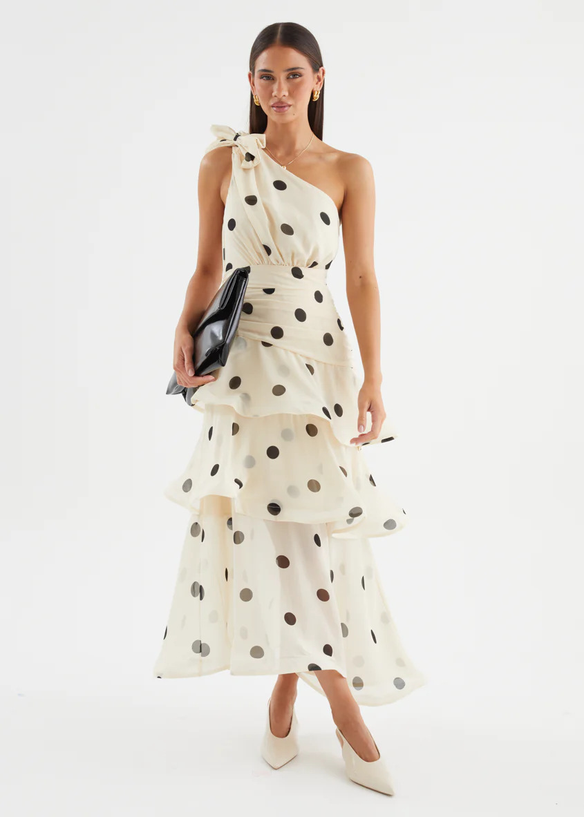 Beige Polka Dot One-Shoulder Tiered Ankle-Length Dress