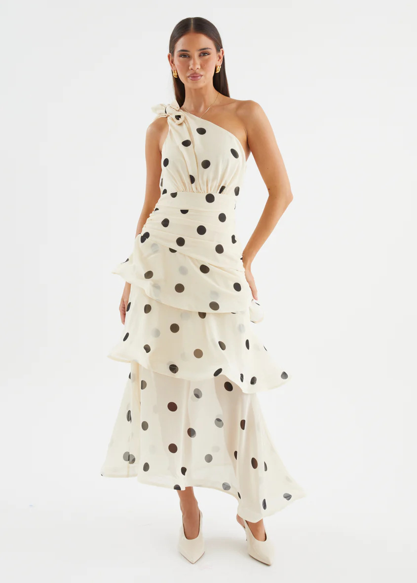 Beige Polka Dot One-Shoulder Tiered Ankle-Length Dress
