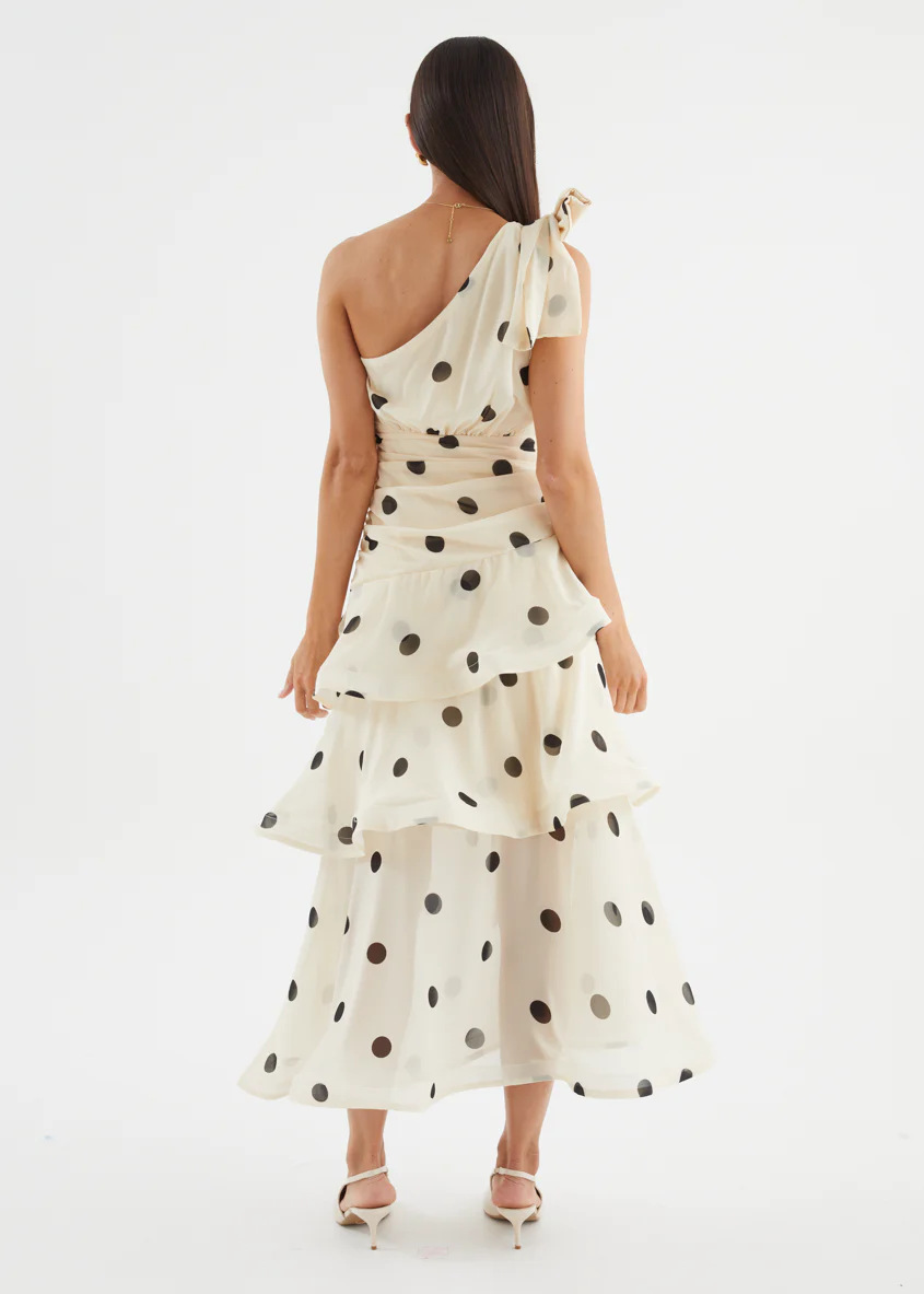Beige Polka Dot One-Shoulder Tiered Ankle-Length Dress