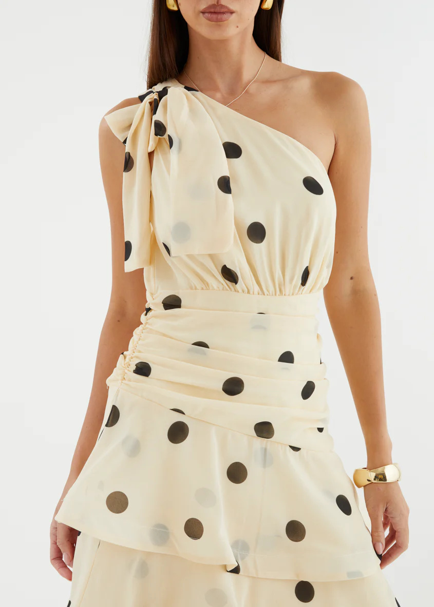 Beige Polka Dot One-Shoulder Tiered Ankle-Length Dress
