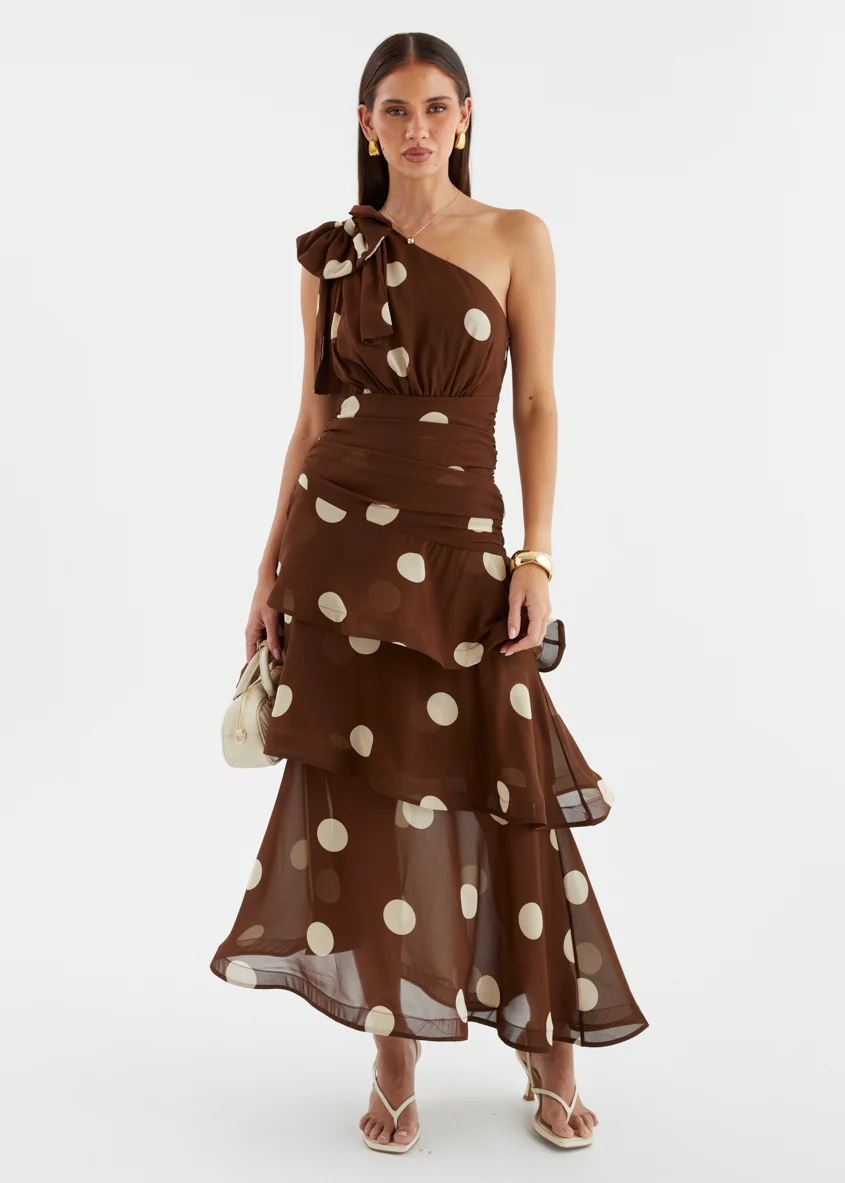 Polka Dot One-Shoulder Tiered Maxi Dress