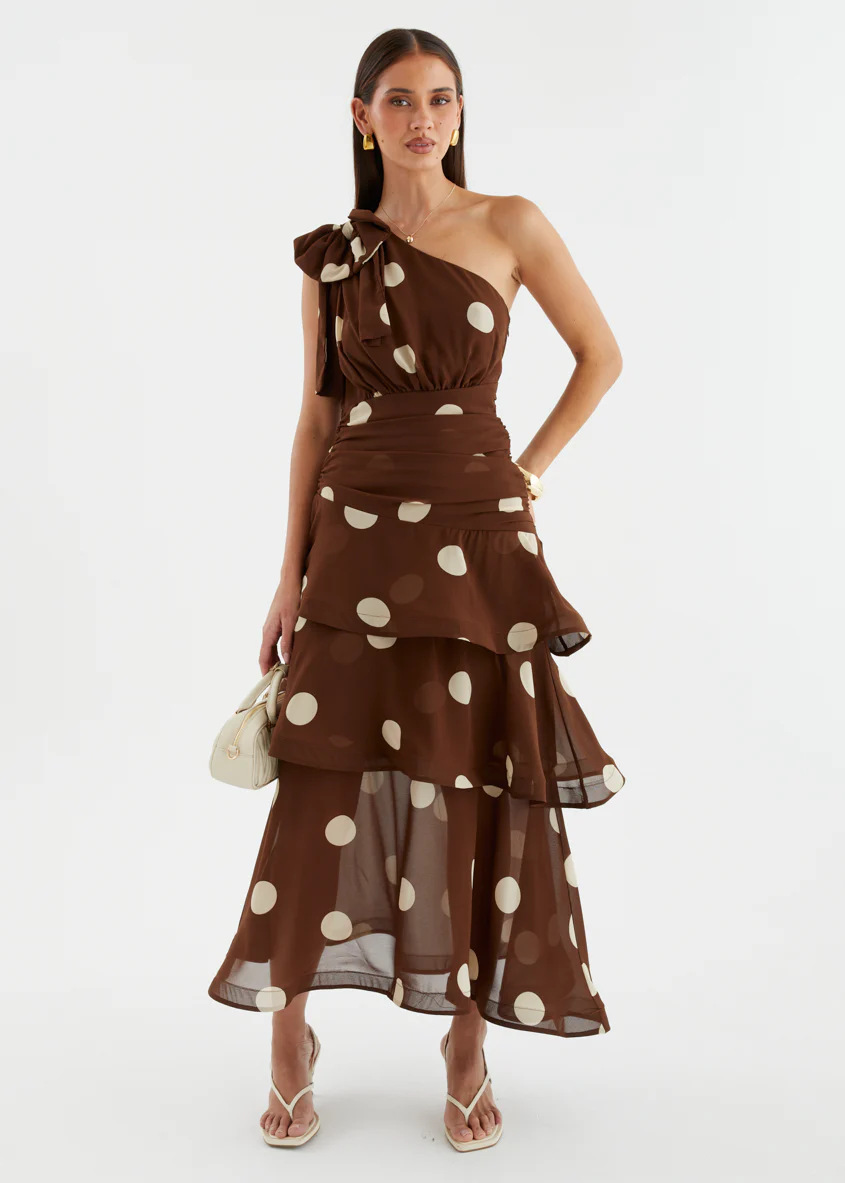 Polka Dot One-Shoulder Tiered Maxi Dress