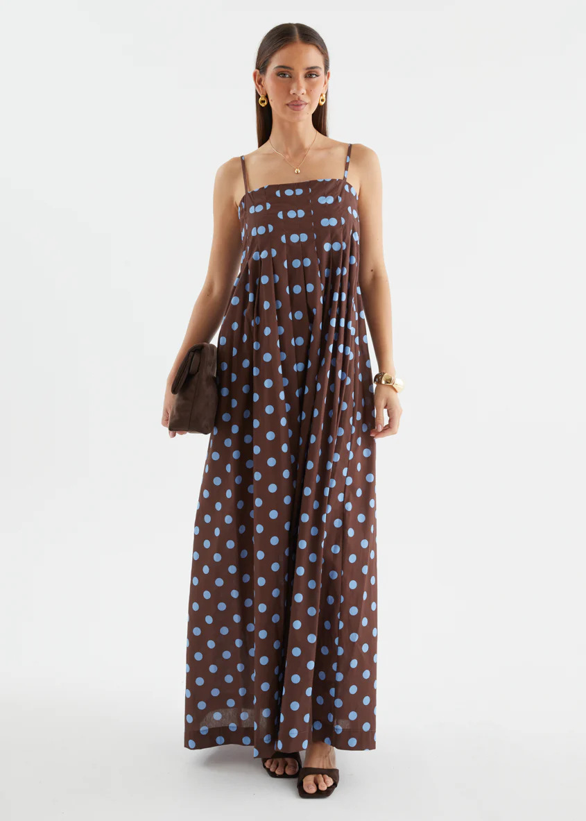 Brown Polka Dot Strapless Maxi Dress