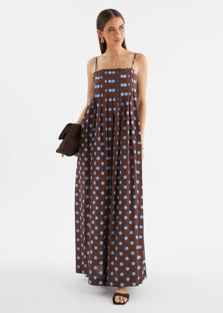 Brown Polka Dot Strapless Maxi Dress